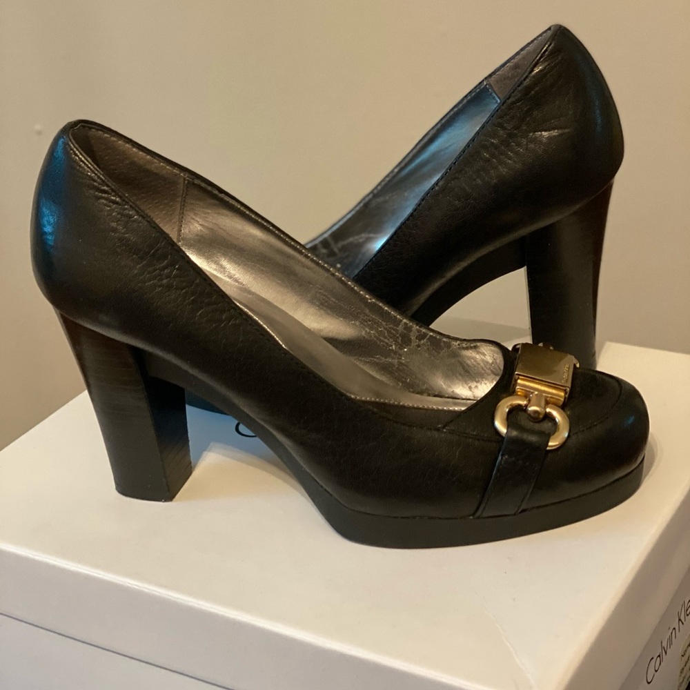 Calvin Klein Black Chunky Pump W/ Gold Buckle